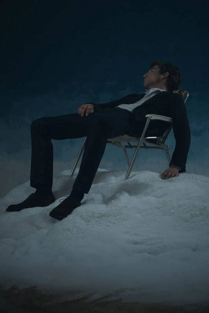 Utility Jacket in schwarz-blauer Alpaka-Leinenmischung mit Selvedge Jeans