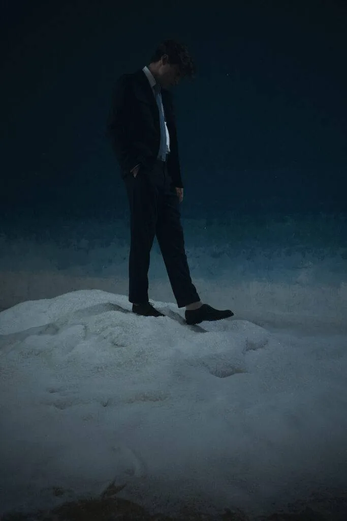 Utility Jacket in schwarz-blauer Alpaka-Leinenmischung mit Selvedge Jeans