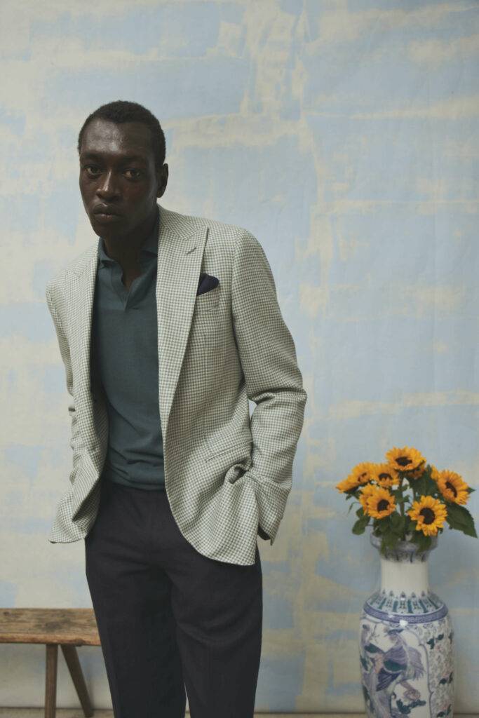 Sakko mit gruen-weißem Hahnentritt in Wolle/Seide/Leinen — Monokel Berlin