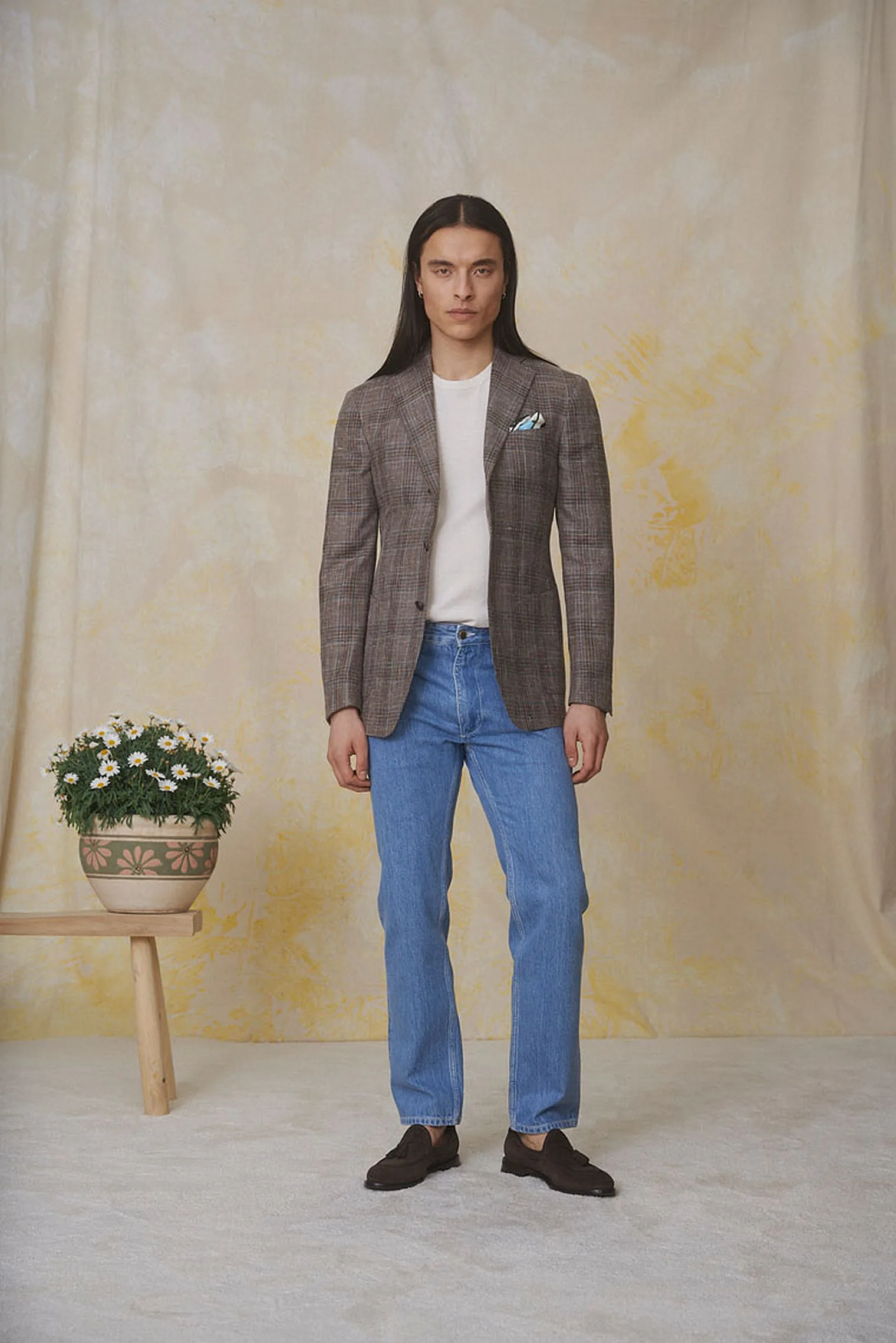 Wolle-Seide-Leinen-Blend Sakko + Washed Stretch Selvedge Denim