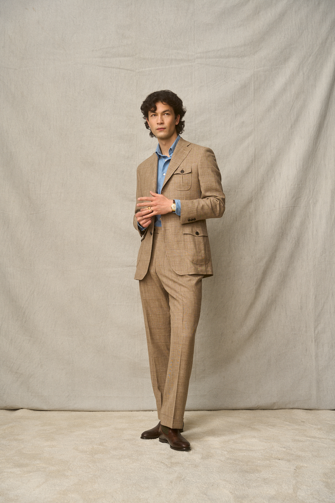 Brown-Sand Glencheck Anzug mit Denim-Hemd, Ansicht 3