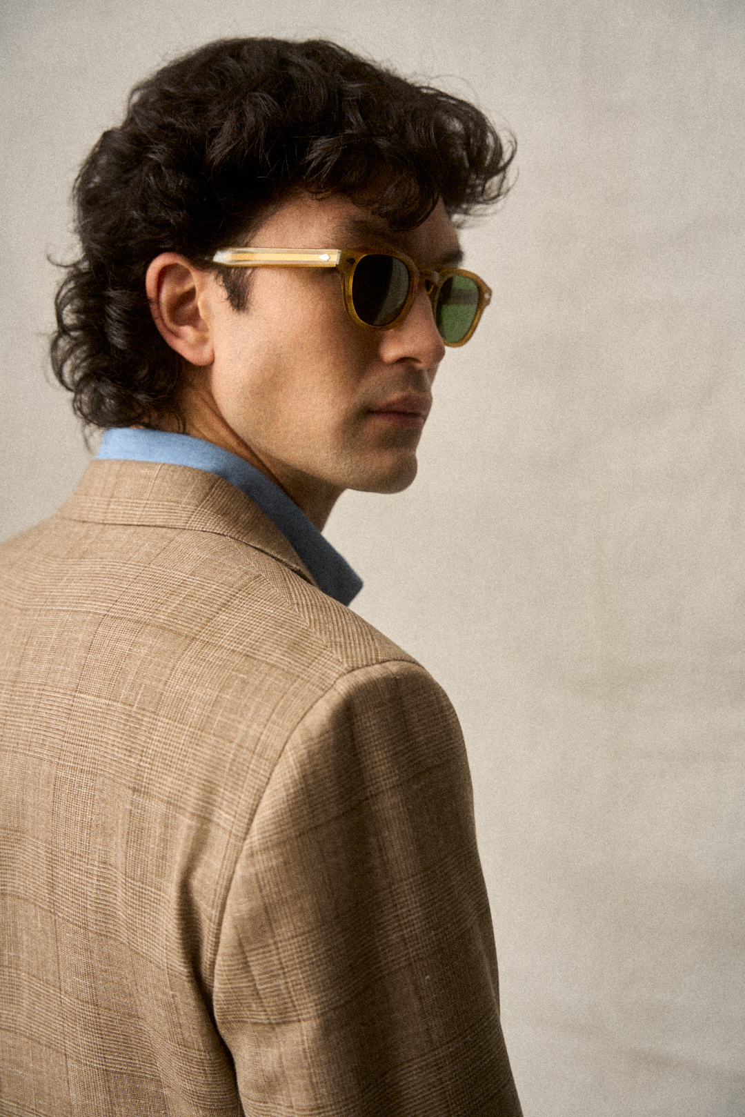 Brown-Sand Glencheck Anzug mit Denim-Hemd, Ansicht 5