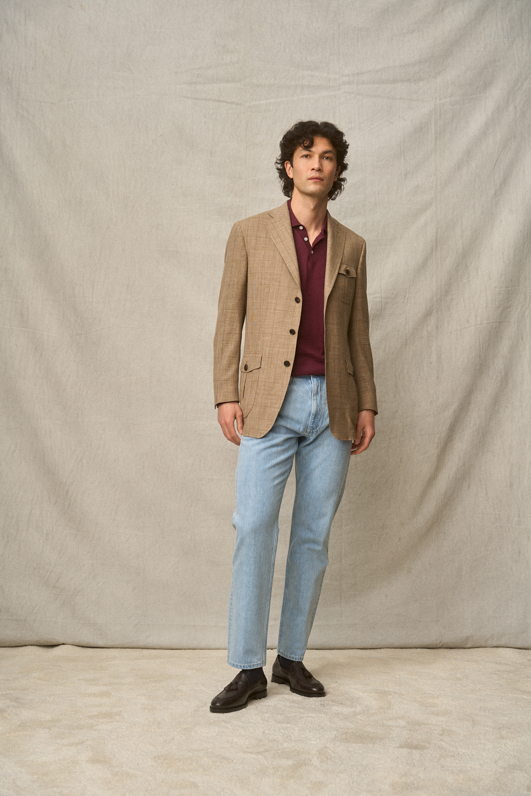 Ivory-Cream Glencheck Sakko mit Selvedge Denim, Ansicht 2