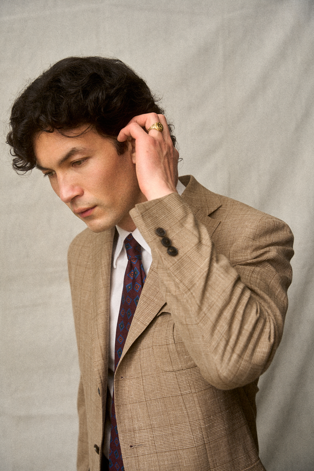 Brown-Sand Glencheck Anzug mit Oxford-Hemd, Ansicht 3