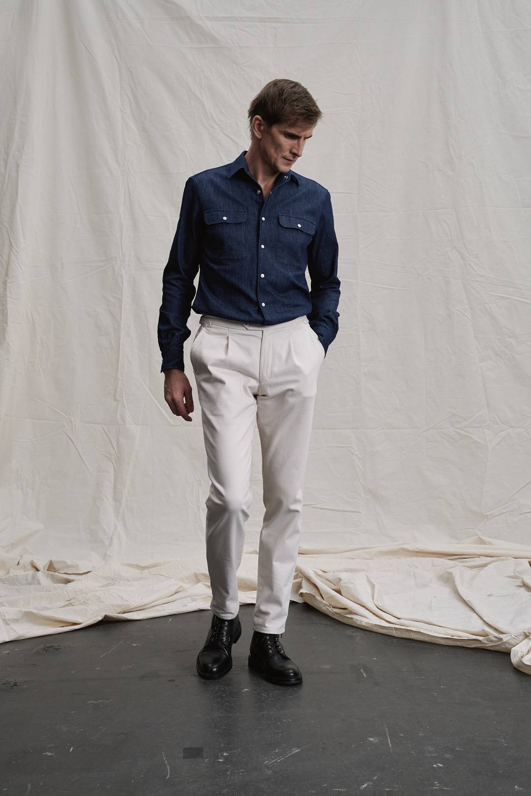 Blue Stretch Denim Maßhemd — Monokel Berlin