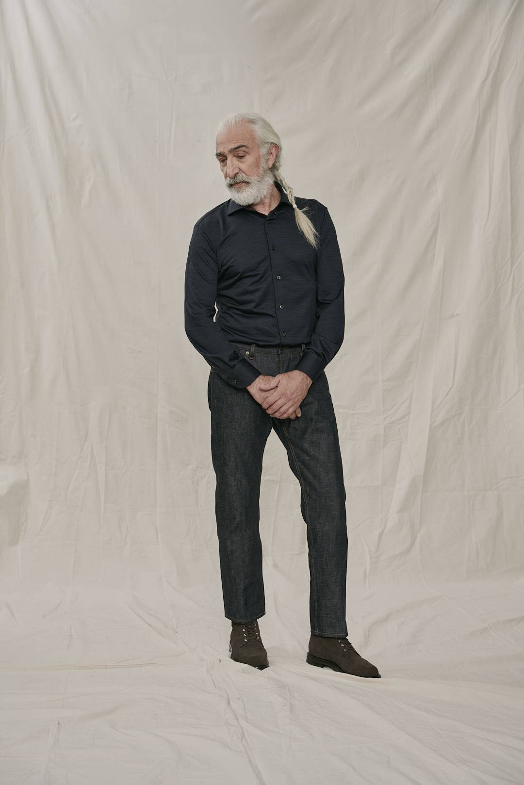 Navy Wolle-Lyocell Pique Strick-Maßhemd