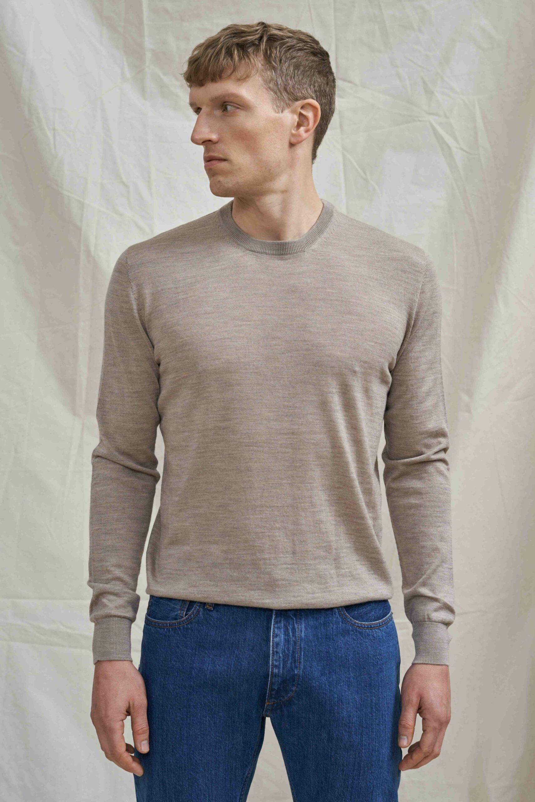 Sandfarbener Merino Rundhals Pullover